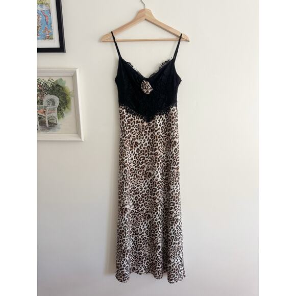 WAYF Lace Trim Cheetah Print Midi Slip Dress Size Small - Picture 1 of 7